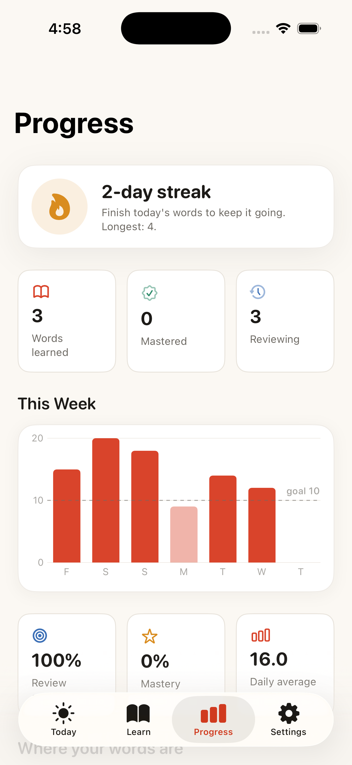 Progress dashboard with streak, words learned, mastery and weekly chart